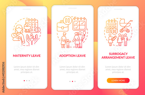 Maternity leave types red gradient onboarding mobile app page screen. Walkthrough 3 steps graphic instructions with concepts. UI, UX, GUI vector template with linear color illustrations