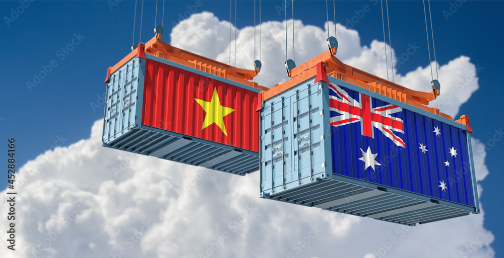 Freight containers with Australia and Vietnam national flags. 3D Rendering 