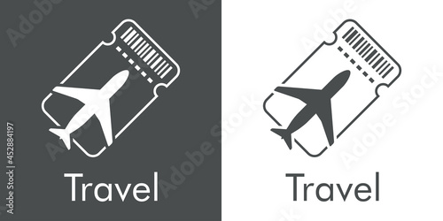 Logotipo con texto Travel y silueta de avión en tarjeta de embarque con lineas en fondo gris y fondo blanco