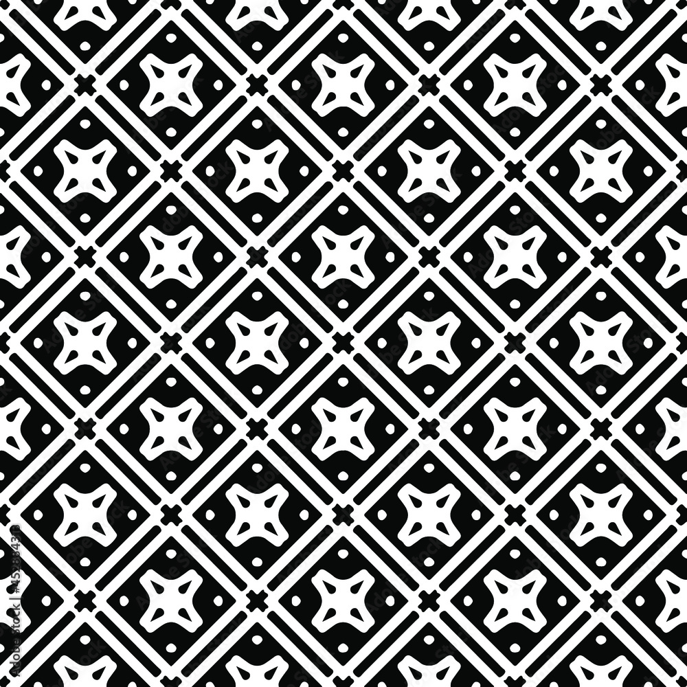 Flower geometric pattern. Seamless vector background. White and black ornament. Ornament for fabric, wallpaper, packaging. Decorative print Flower geometric pattern. Seamless vector background. White and black ornament. Ornament for fabric, wallpaper, packaging. Decorative print