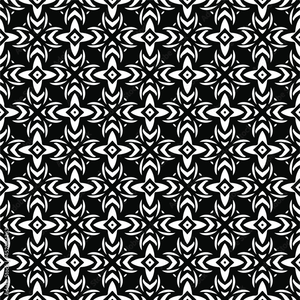 Flower geometric pattern. Seamless vector background. White and black ornament. Ornament for fabric, wallpaper, packaging. Decorative print Flower geometric pattern. Seamless vector background. White and black ornament. Ornament for fabric, wallpaper, packaging. Decorative print