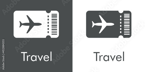 Logotipo con texto Travel y silueta de avión en tarjeta de embarque en fondo gris y fondo blanco