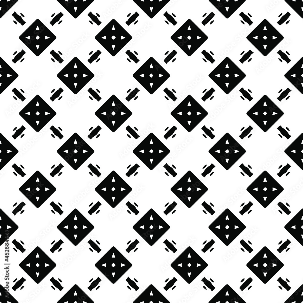Flower geometric pattern. Seamless vector background. White and black ornament. Ornament for fabric, wallpaper, packaging. Decorative print Flower geometric pattern. Seamless vector background. White and black ornament. Ornament for fabric, wallpaper, packaging. Decorative print