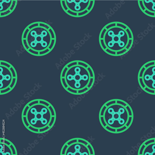 Line Casino roulette wheel icon isolated seamless pattern on blue background. Vector
