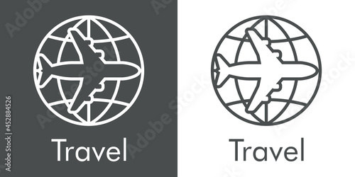 Logotipo con texto Travel y silueta de avión en globo terráqueo con lineas en fondo gris y fondo blanco