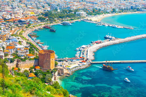 Panoramic view of the harbor of Alanya on a beautiful summer day. Alanya, Turkey © Aleh Varanishcha