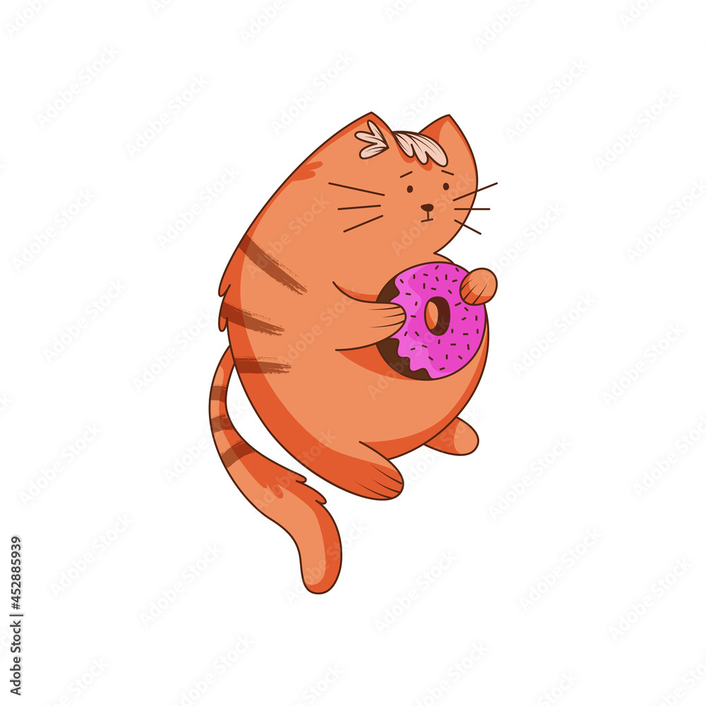 Cute Ginger Cat Character with Striped Tail Holding Sweet Sugar Glazed