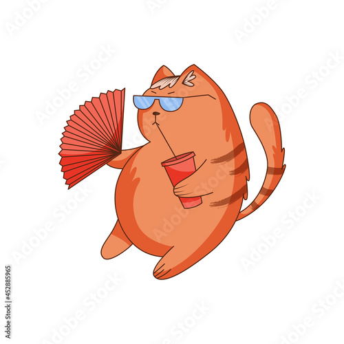 Cute Ginger Cat Character with Striped Tail Wearing Sunglasses Sitting with Hand Fan Drinking Cocktail with Straw Vector Illustration