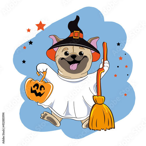 Halloween card with pug dog with pumpkin, ghost costume with witch hat. Vector illustration of cartoon animals