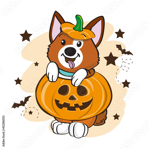 Cute dog dressed as a pumpkin for Halloween. Vector illustration, cartoon animals. Postcard for the holiday