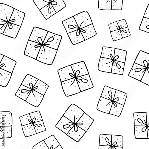 gift boxes vector pattern seamless. background with gift boxes. Illustration for greeting cards, wrapping paper, invitations, posters. cute hand drawn doodle texture.