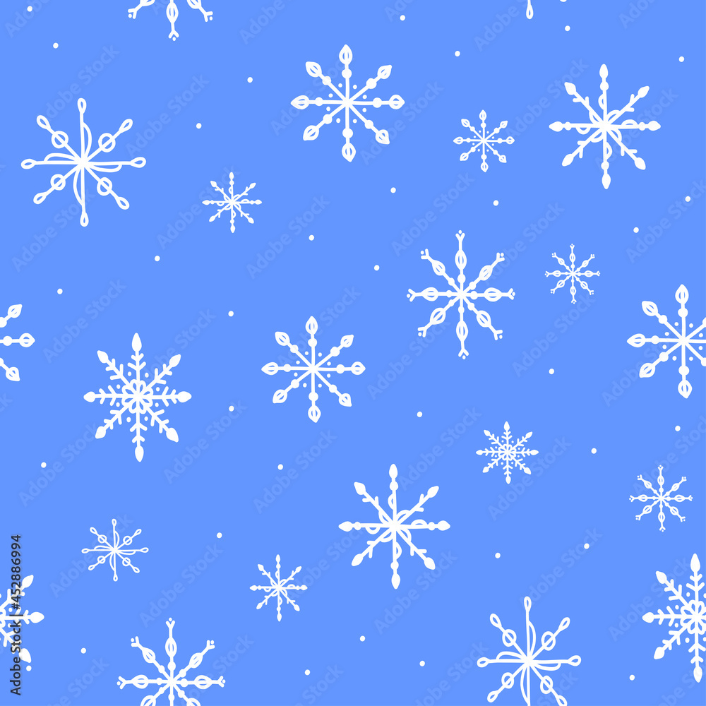 Seamless pattern with snow and hand drawn snowflakes on blue background,christmas and decoration illustration for wrapping paper,packaging design and printing on fabric,holiday wallpaper,cover Seamless pattern with snow and hand drawn snowflakes on blue background,christmas and decoration illustration for wrapping paper,packaging design and printing on fabric,holiday wallpaper,cover