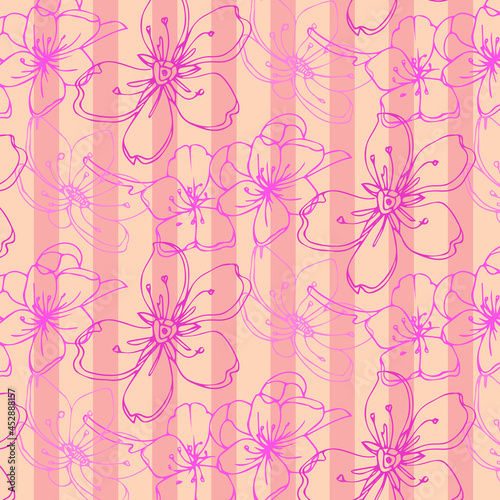 Pink seamless pattern with sakura and sptriped lines. Cute design for packages  wallpaper  textile  fabric.