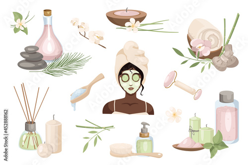 Beauty routine and skin care design elements set. Collection of woman in cosmetic mask at spa, aromatherapy, roller massager, candle, flower. Vector illustration isolated objects in flat cartoon style