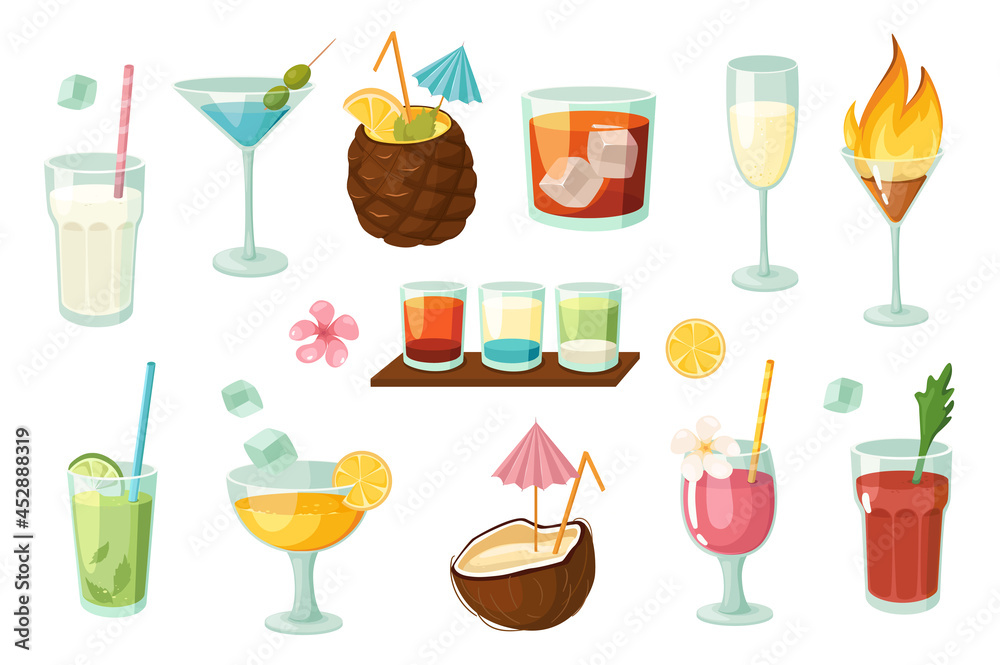 Alcoholic and non-alcoholic cocktails design elements set. Collection of milkshake, martini, mojito, bloody mary, wine, juice, summer drink. Vector illustration isolated objects in flat cartoon style Alcoholic and non-alcoholic cocktails design elements set. Collection of milkshake, martini, mojito, bloody mary, wine, juice, summer drink. Vector illustration isolated objects in flat cartoon style