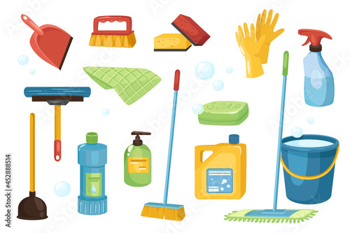 Cleaning and detergents design elements set. Collection of scoop, brush, sponge, gloves, spray, soap, mop, bucket, plunger, hygiene tools. Vector illustration isolated objects in flat cartoon style