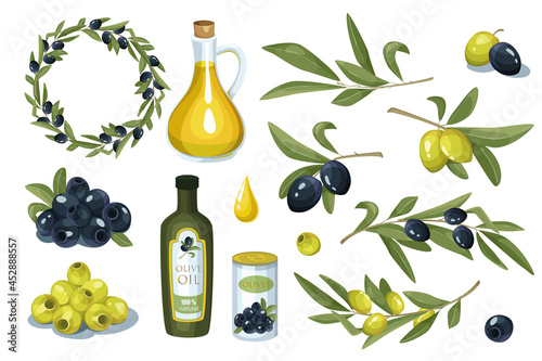 Olives and oil design elements set. Collection of fruits of different colors of olives, oil in bottle or jug, wreath and leaves and twigs. Vector illustration isolated objects in flat cartoon style