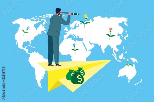 Business concept. Businessman investor is looking for a fresh idea for investment. Startup metaphor. Vector cartoon flat illustration.