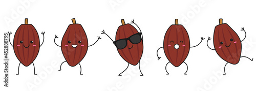 Cocoa beans set beautiful character cartoon smiling face happy sweet emotions  dark dance moves sign delicious dessert vector illustration.