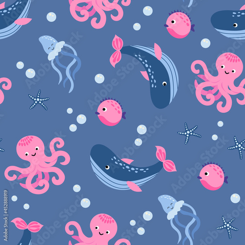 Seamless pattern with octopus, whales and jellyfish. Hand-drawn style. Design for decorating a nursery.	