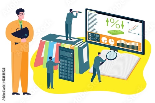 Business concept. Businessman investor is looking for a fresh idea for investment. Startup metaphor. Vector cartoon flat illustration.