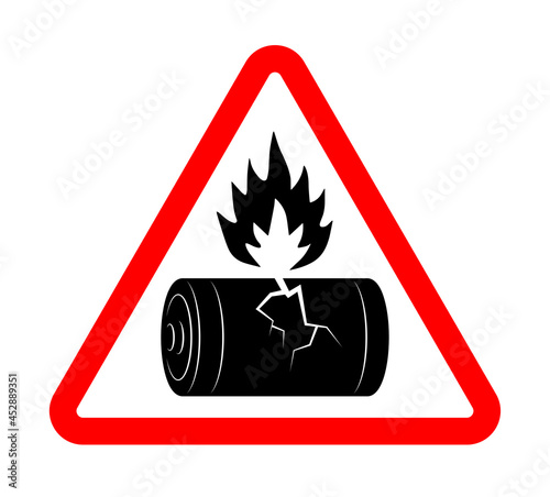 damaged broken battery with fire hazard sign. Disposal of flammable batteries. Isolated vector on white background