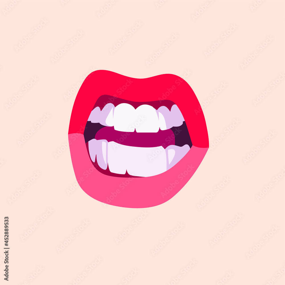 Naklejka premium A hand-drawn drawing. Illustration of female lips. The mouth of a girl with a mouth painted with red lipstick. . A mascot for Valentine's Day. Women's beautiful print or postcar
