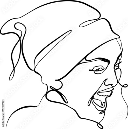 Minimalist portrait of the face of a smiling young woman, with turned head and scarf. Continuous line vector illustration, black line on white background