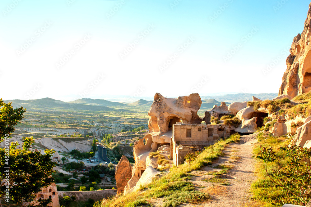 Landscape of mountains and rocks Cappadocia, Goreme, Turkey. Summer sunny day. Empty space