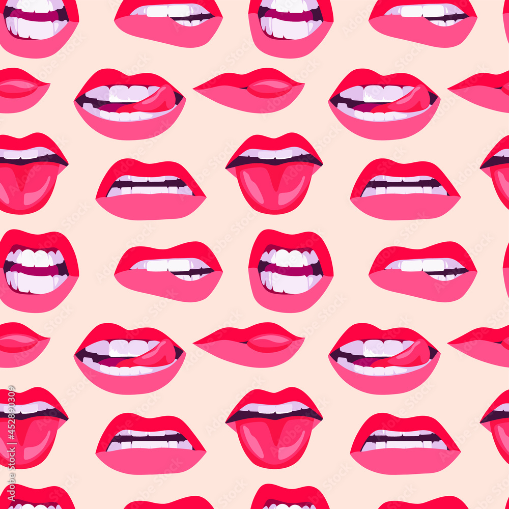 Obraz premium Seamless drawing of women's lips. A hand-drawn drawing. The lips of a girl with red lipstick express different emotions. Sexy kisses on the lips. A mascot for Valentine's Day. Women's beautiful print