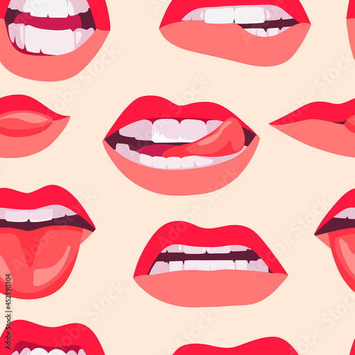 Seamless drawing of women's lips. A hand-drawn drawing. The lips of a girl with red lipstick express different emotions. Sexy kisses on the lips. A mascot for Valentine's Day. Women's beautiful print 