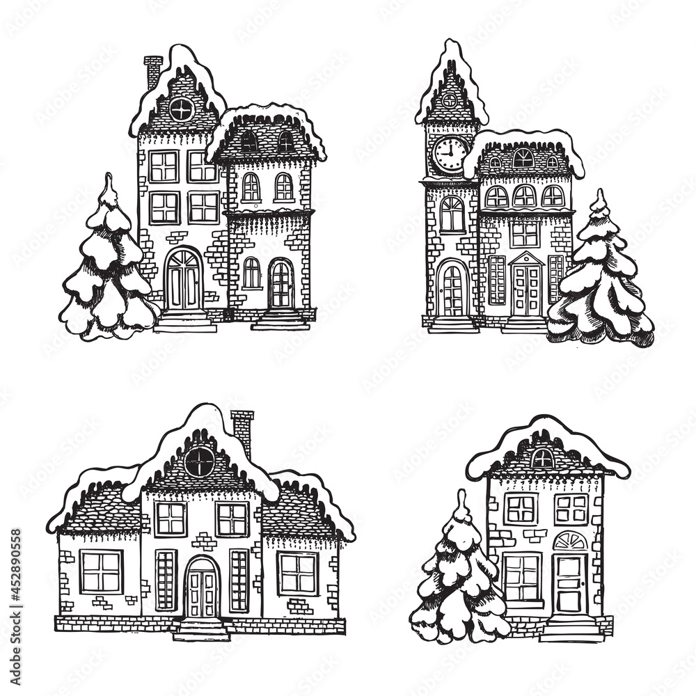 Illustration of houses. Christmas Greeting card. Set of hand drawn buildings.	