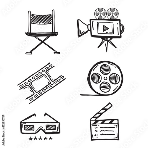 Cinema decorative symbols set, doodle style, vector hand drawn.	