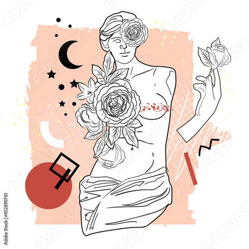 Ancient Greek goddess statue in a continuous line and flowers. Vector illustration. Modern drawing. A woman without hands