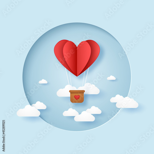 Valentines day, Illustration of love, red folded heart hot air balloon flying in the sky in circular frame, paper art style