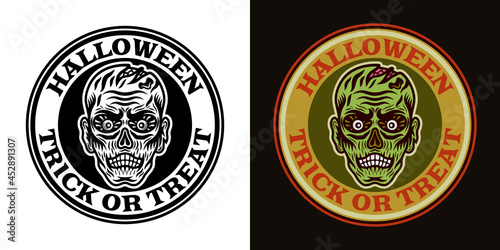 Zombie head halloween round emblem two styles black on white and colorful on dark background vector illustration