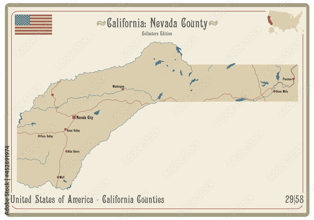 Map on an old playing card of Nevada county in California, USA.