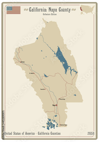 Map on an old playing card of Napa county in California, USA.