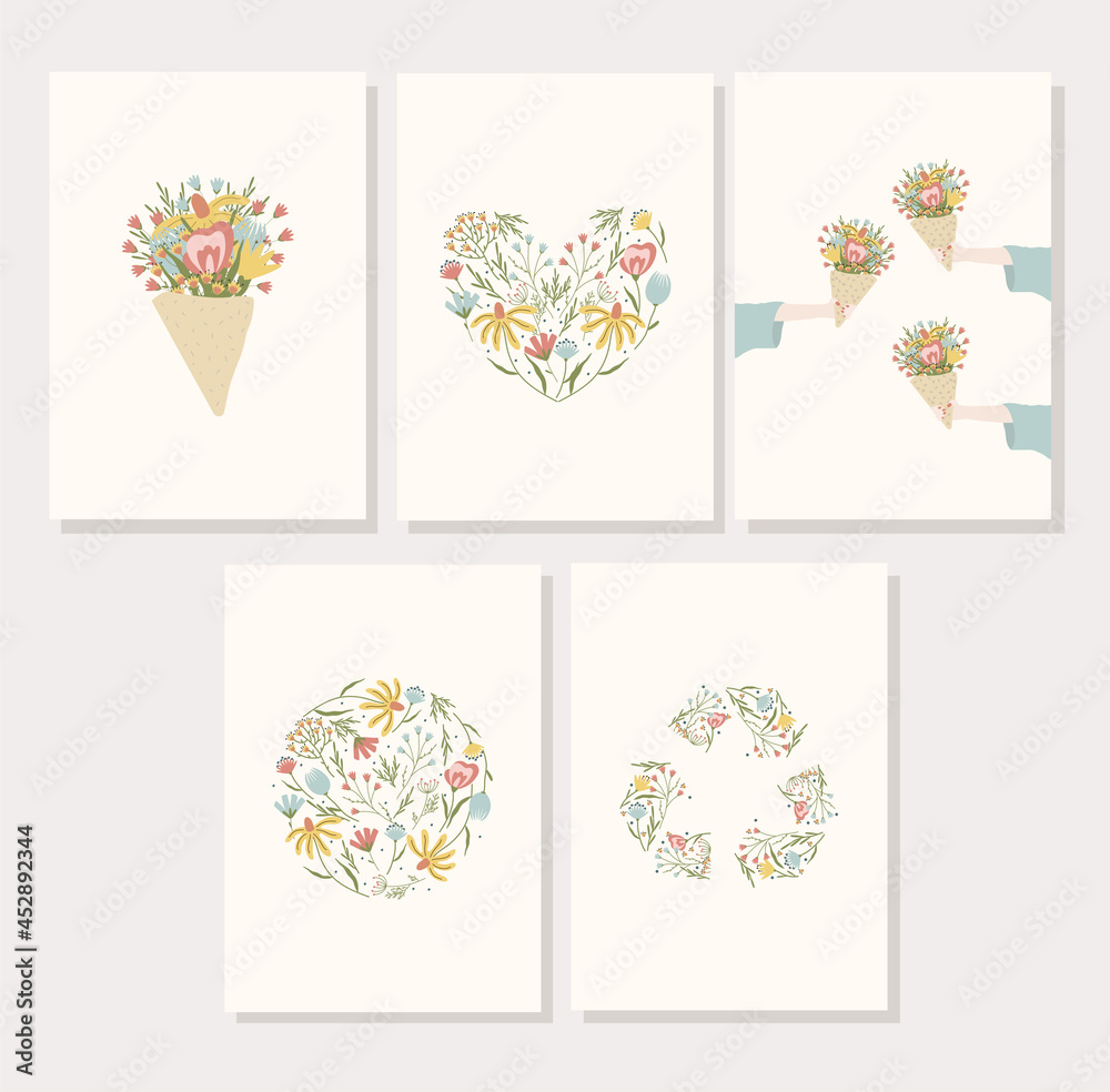 Set op postcards with flowers in cartoon style. Set op postcards with flowers in cartoon style.
