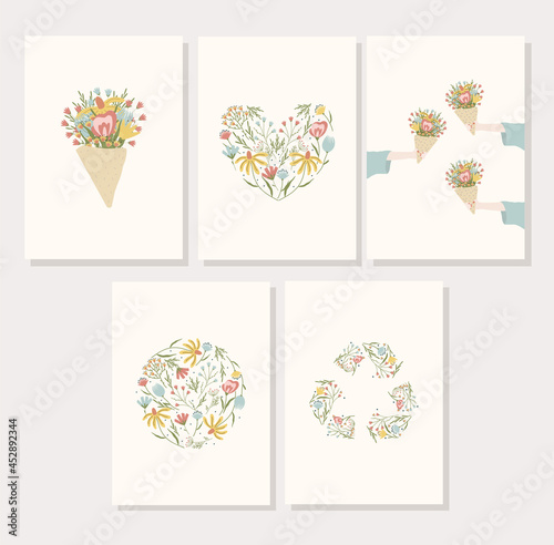 Set op postcards with flowers in cartoon style.