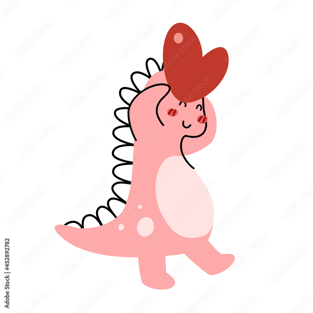 A cute pink dinosaur cartoon character flat vector illustration isolated on white background. Girly dino cute character for kids. Cute animal for kids T-shirt, scrapbook, pattern. Hapy Valentine's Day