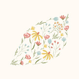 Leaf-shaped composition of beautiful wildflowers in cartoon style
