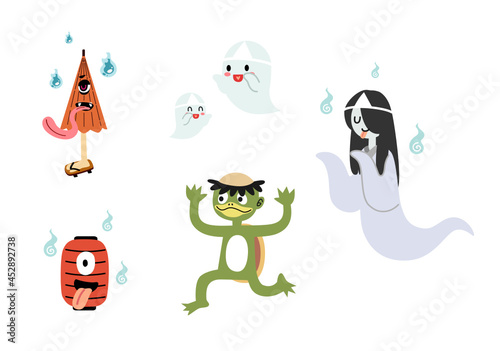 Set of mythology cute Japanese ghosts an umbrella, lamp, woman ghost, spirit and kappa cartoon character flat vector illustration isolated on white background. Happy Halloween