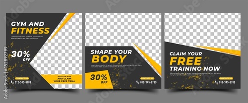 Gym  fitness  and sports social media post template design. Set of Modern square banner design with abstract yellow shape. Usable for social media  banner  and website.