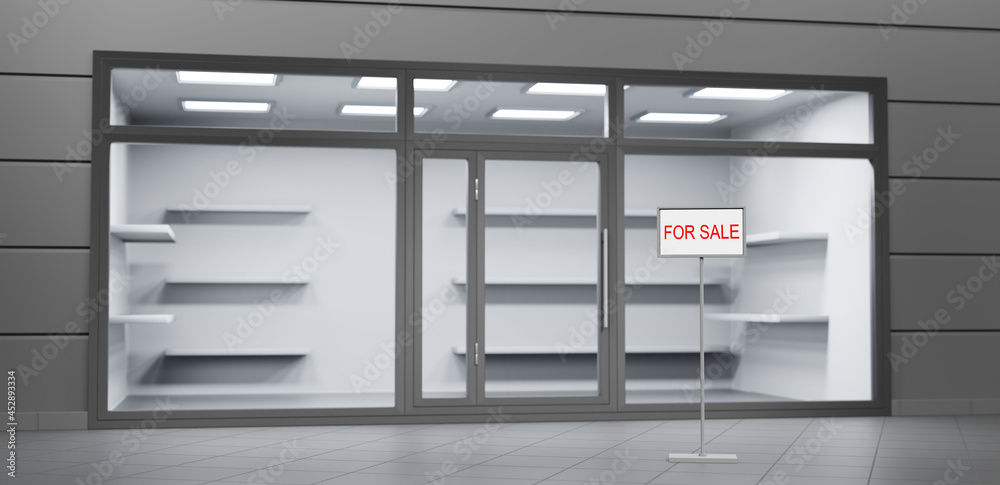Store front with glass window, door and ad floor stand for sale on entrance. Boutique shop or showroom with empty shelves, showcase and lights, perspective view. Mockup building exterior, 3d render Store front with glass window, door and ad floor stand for sale on entrance. Boutique shop or showroom with empty shelves, showcase and lights, perspective view. Mockup building exterior, 3d render