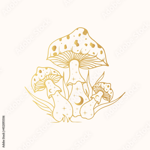 Golden Psychedelic mushrooms. Gold celestial floral fungi, fungus.