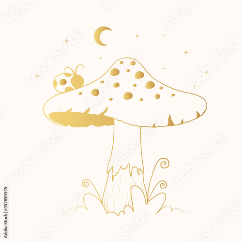 Golden Fantasy mushroom, moon and leaves. Gold celestial fungi with stars and space.