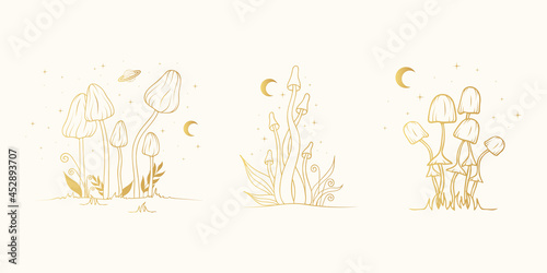 Golden Celestial mushrooms with moon and stars. Floral elements, fungi, fungus. Gold witchy clipart.