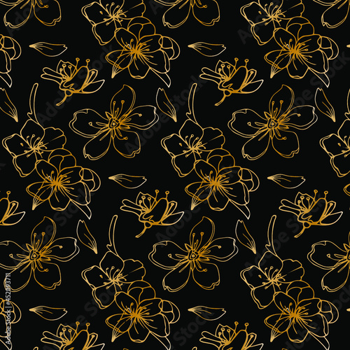 Hand drawn seamless pattern with sakura. Golden elegant floral design on black background. Vector illustration.
