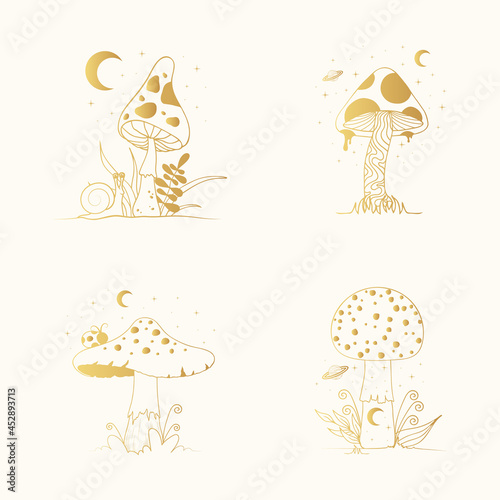 Wallpaper Mural Set with golden magic mushrooms. Gold Celestial fungi collection. Torontodigital.ca